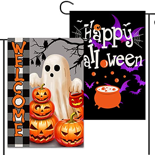 Drapeau de jardin Happy Halloween double face résistant aux intempéries