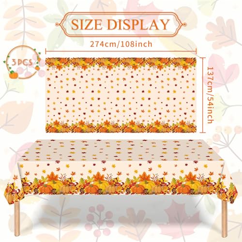 Image of 3-Piece 54 x 108 Inch Fall Harvest Plastic Tablecloth - Autumn Maple Leaves Disposable Rectangle Table Cover for Thanksgiving Day Parties, Dinners, and Celebrations, Indoor Outdoor Table Decorations