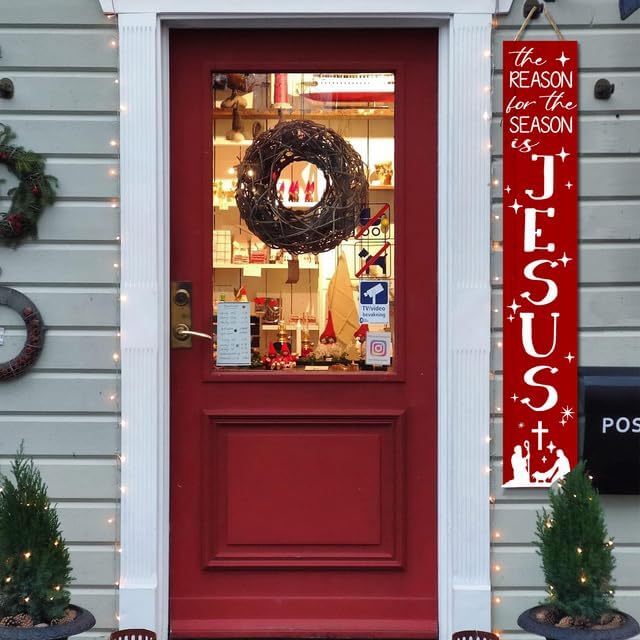 Miniatura 4 de Letrero vertical de Navidad con texto en inglés "The Reason for The Season is Jesus", para puerta delantera, porche, pared, granja, decoración