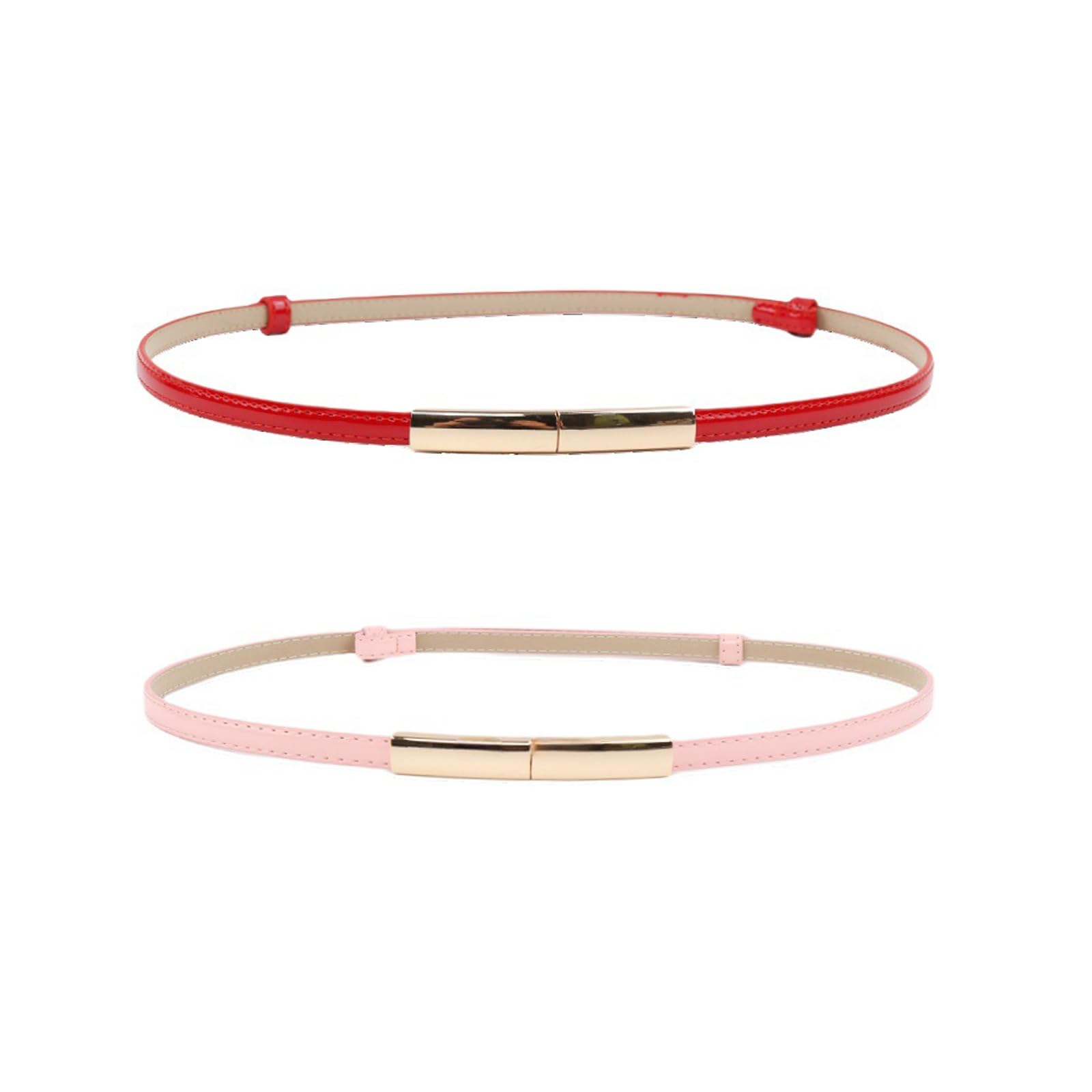 Desuibao 2 Pack Thin Belts for Women, Gold Buckle Skinny Belt Women, Adjustable up to 95cm Waist Belts for Dresses Pants Sweater, PU leather Fashion Belt for Girls Teens, Red & Pink