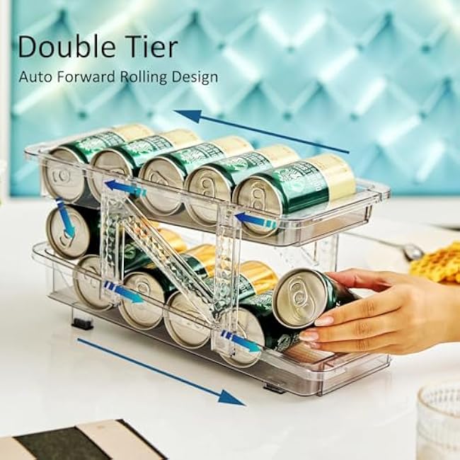 Refrigerator Storage Containers, Adjustable Width Rolling Soda Dispenser & Storage Rack - Beverage & Pop Can Holder Drink Organizer for Fridge, Pantry, Cabinet & Countertop (2 Pack, Clear)