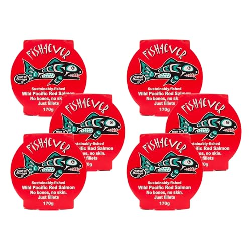 Fish 4 Ever | Red Pacific Wild Salmon In Brine Filleted - Sustainably Fished. Tin Canned Food Rich In Omega-3. Great Used In Pasta Salad Noodle Dishes Sandwich Filler And More |170g (Pack of 6)