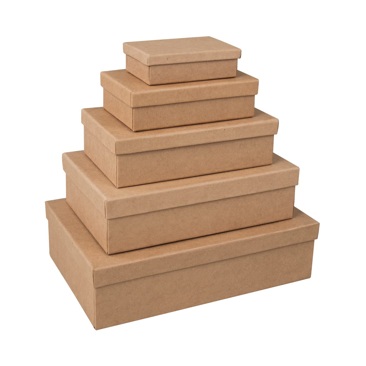 Rayher Set of Five Papier Mache Boxes with Lid, Square Storage Containers, Mache Box to Decorate, 10x7-26x17cm, Brown, 67384000