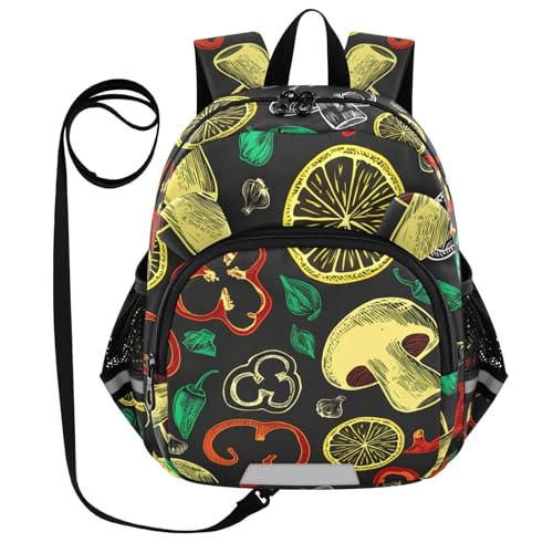 Mushroom Peppers Black Toddler Harness Backpack for Boys Girls 3-6 Years Kids Backpack with Anti Lost Safety Leash Baby Harness Bookbag for Travel Preschool Walking