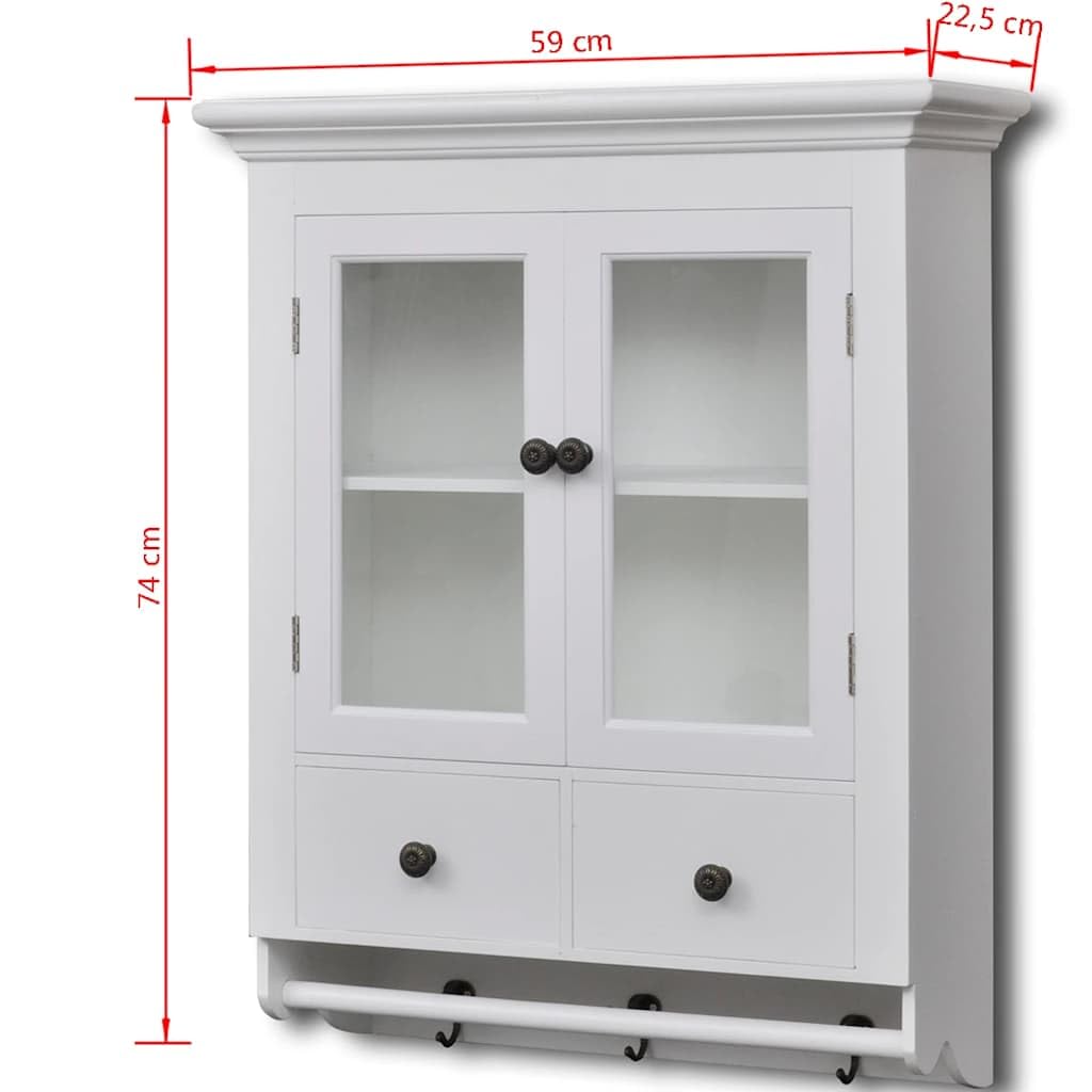 Armadietto da cucina sospeso con anta in vetro in legno bianco, 59 x 22,5 x 74 cm, 2 cassetti, 2 ripiani, spazio per stoviglie, posate, alimenti, con ganci, per cucina e magazzino
