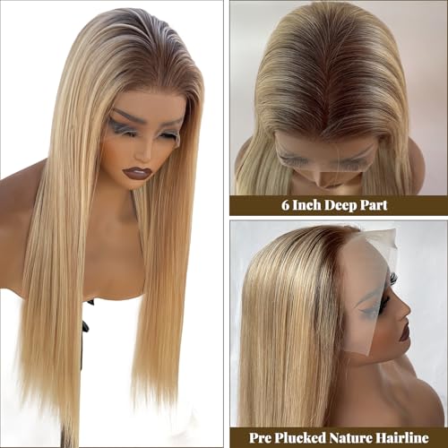 Image of Belaved Highlight Lace Front Wig Human Hair No Shedding Salon-QualityHD Frontal Real Human Hair Pre Plucked Glueless 180% Density Balayage 13x6 Straight Wigs for Women 20 Inch