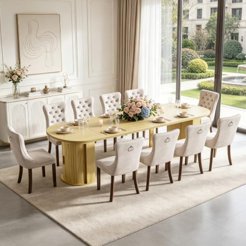 Image of 47in-118 in Extendable Dining Table for 4-12, Oval Expandable Kitchen Table | 5 Adjustable Lengths, Large Extra-Long Design, Natural Wood Grain Finish, Dual Hidden Storage Pedestal, Fluted Sliding Doors