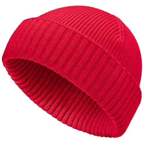50% Wool Double Cuff Knit Beanie Hat for Men Women Short Fisherman/Slouchy Winter Skull Cap Trawler Watch Cap Red