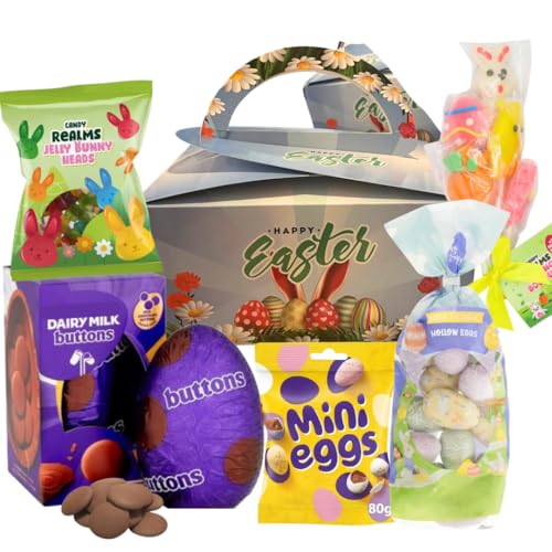 Easter Egg Hunt Hamper for Kids – Bulk Easter Eggs & Sweets Gift Box for Boys & Girls – Includes Buttons Chocolate Egg, Mini Eggs, Gummy Rabbits, Jelly Bunny & Easter Lollipops