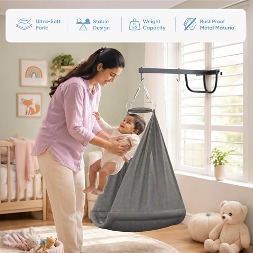 Image of Cherilo Baby Swing Cradle(Jhula) with Mosquito Net, Spring Hanger & Metal Window Cradle Stand - Grey Leaf - Full Set