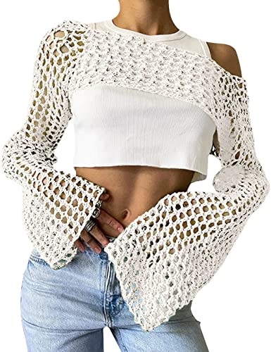Image of PICPUNMAK Women's Crochet Shrug Sweaters See Through Tops Mesh Cover Up Top Knit Bolero Sweater for Women Y2k Tops White