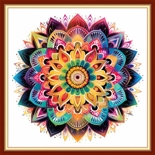Image of Foxhool Beginners Cross Stitch Kits Stamped Full Range of Embroidery Kits for Adults DIY Cross Stitches kit Embroidery Patterns for Needlepoint kit-Colorful Mandala 18x18 inch