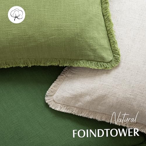 Image of Foindtower Set of 2 Decorative Linen Fringe Throw Pillow Covers Cozy Boho Farmhouse Cushion Cover with Tassels Soft Accent Pillowcase for Couch Sofa Bed Living Room Home Decor,20x20 Inch,Forest Green