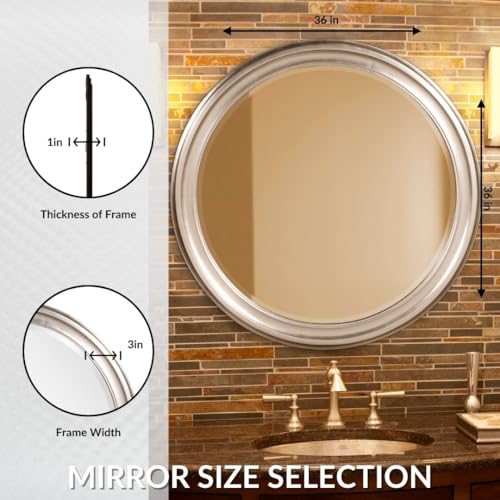 Image of Howard Elliott George Round Brushed Nickel Wall Mirror, Bevelled Vintage Hanging Wood Framed Vanity Mirrors for Home Decor, Living Room, Bathroom, Bedroom, or Hallway, 36 Inch Round