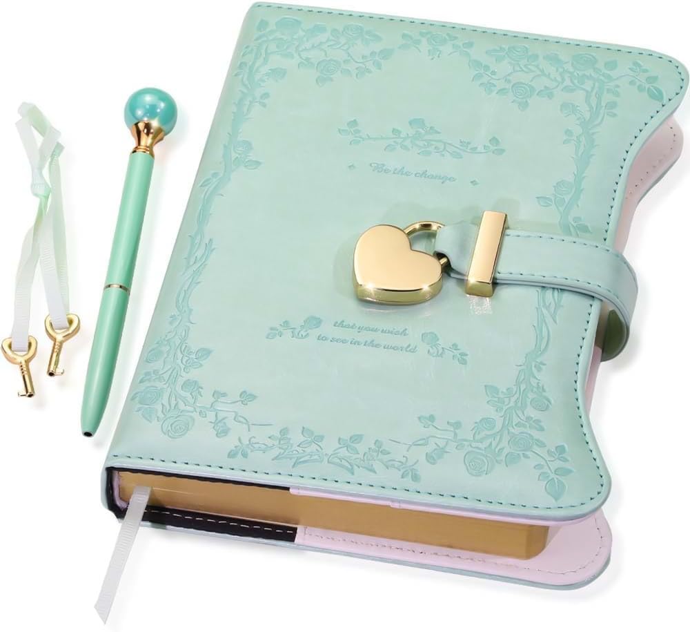 Diary with Lock and Keys for Girls Gift Ideas, 360 Gold Edged Pages Journal for Women, B6 Refillable Notebook for Writing with Pen and Bookmark (Garden Aqua)