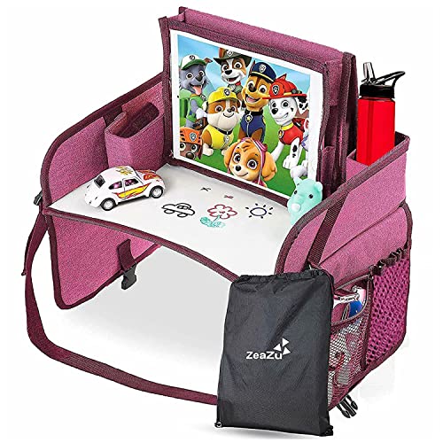Kids Travel Tray with Bag - Toddler Car Seat Tray, Foldable Lap Travel Table Desk with iPad Holder, Drawing Board, Storage Pocket Organizer for Child Road Trip, Car Stroller, Airplane - Pink