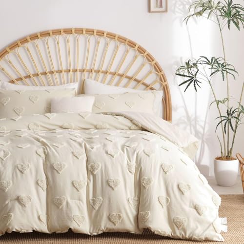 Image of Tufted Comforter Set Queen Size Beige Heart Tufted Comforter Boho Hearts Tufted Bed Set 3 Pieces Shabby Chic Embroidery Soft Jacquard Bedding for All Seasons with 2 Pillowshams