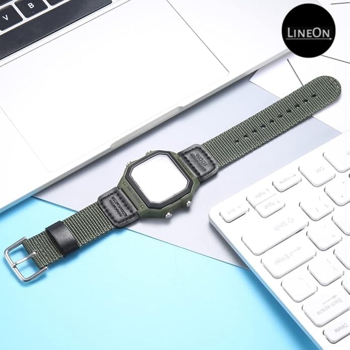 Image of Lineon 18mm Nylon & Leather Nato Style Watch Strap Cut Pattern Specially Compatible With CASI0 Royale AE-1200WH AE 1200 WH with Tool & Pins