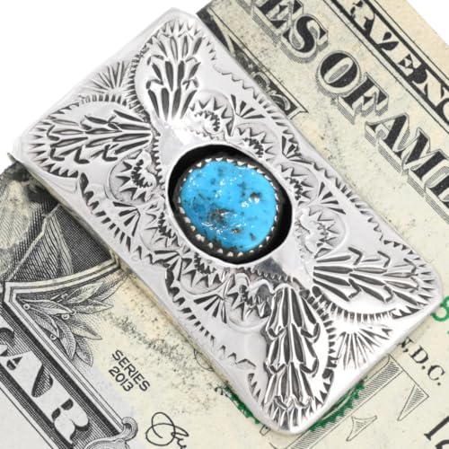 Navajo Turquoise Hammered Silver Money Clip Sterling Design on German Silver 02412