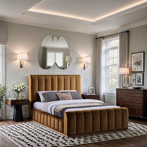 Image of Meridian Furniture AmaraSaddle-Q Collection Modern | Contemporary Queen Bed, Ultra Luxe Saddle 460 GSM Velvet, Natural Finish, Solid Wood Base and Inner Frame, 66.5 inch W x 99 inch D x 51 inch H, Saddle, Queen