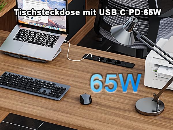 Multiprise de table multiprise BQO de bureau 3 prises avec 3 ports USB câble 1,8m