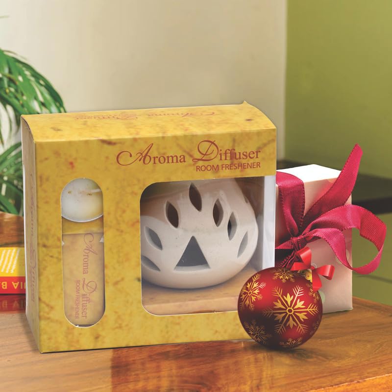 Image of Pure Source India Ceramic Aroma Burner 10 ML Jasmine Aroma Essential Oil with 4 Tea Light Candles, Gift This Diwali