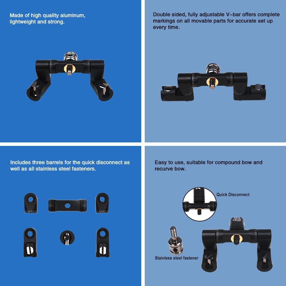 Miniatura 4 de Estabilizador de arco de tiro con arco de doble cara, ajustable, montaje de barra en V, desconexión rápida para arco recurvo y arco compuesto