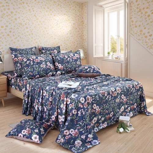 Image of FADFAY Sheets Set Twin Vintage Dark Blue Floral Bedding Shabby Peony Floral Sheets Navy French Country Farmhouse Bedding 800 Thread Count 100% Egyptian Cotton Deep Pocket Fitted Sheet 4Pcs, Twin Size