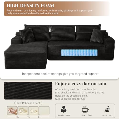 Image of 108 inch L Shaped Cloud Boneless Sectional Couches for Living Room, Modern Comfy Modular Deep Seat Memory Foam Compressed Corduroy Sofa Oversized Left Facing Chaise, No Assembly Required, Balck