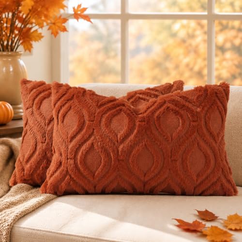 Image of decorUhome Fall Throw Pillow Covers 12x20 Inch Set of 2, Soft Plush Faux Wool Rust Solid Couch Pillow Covers, Accent Farmhouse Neutral Rectangle Pillow Cases for Sofa Bed Living Room