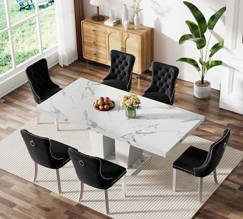 Image of Faux Marble Extendable Dining Table Set for 6 | 63-78.74 inch Expandable Kitchen Table, Faux Marble Finish, 6 Black Velvet Tufted Chairs, Dinner Party Family Gathering Apartment