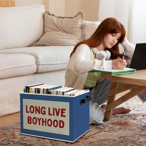 Image of Red Long Live Boyhood Boys Storage Bins Box with Handles, Blue Pattern Collapsible Basket Organizer for Kids Boy Nursery Room Bedroom Bathroom Playroom Books Clothes