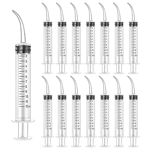 WZYTEU 15 Pcs Jeringa Dental, Jeringuilla 12ml con Punta Curvada para Cuidado Dental, Alimentación de Mascotas, Laboratorio, Riego Relleno, Filtración(Plástico)
