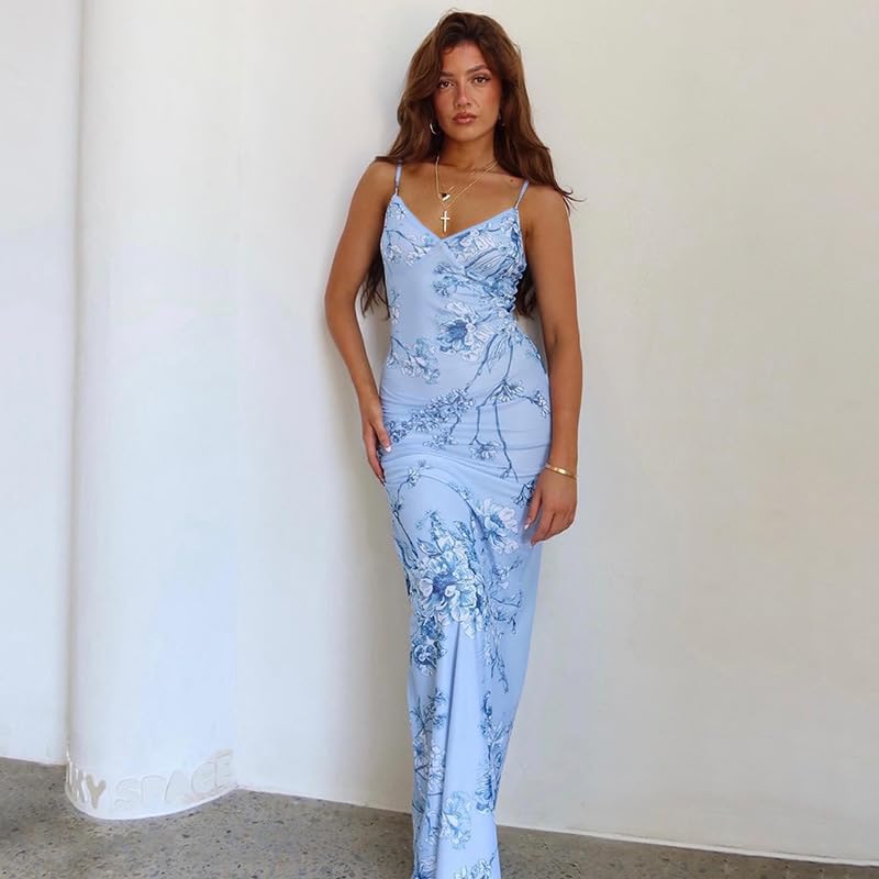 Image of ABINGOO Women Vintage Spaghetti Strap Maxi Dress Sexy Low Cut Backless Floral Satin Slip Long Dress Y2k Cami Bodycon Dresses