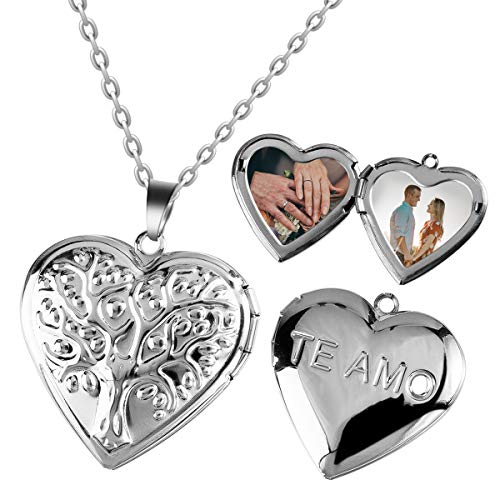 Fanery Sue Personalized Heart Locket Necklace That Holds Pictures Memory Photo Lockets Custom Any Photo Text&Symbols (Custom Photo-Tree of Life(Te Amo))
