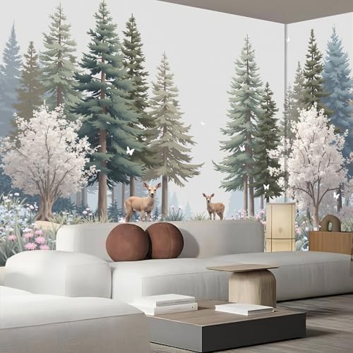 Mural para salón y cuarto infantil de bosque místico en tonos verde oscuro 4