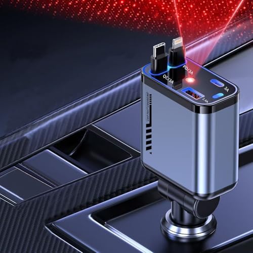 Retractable Car Charger with Galaxy Projector,Type C Fast Car Charger with 120W Power, 2 USB Ports, and Retractable Cables,Compatible with iPhone 16/15/14/13/12/11/iPad and Galaxy Models S23/S22/S10