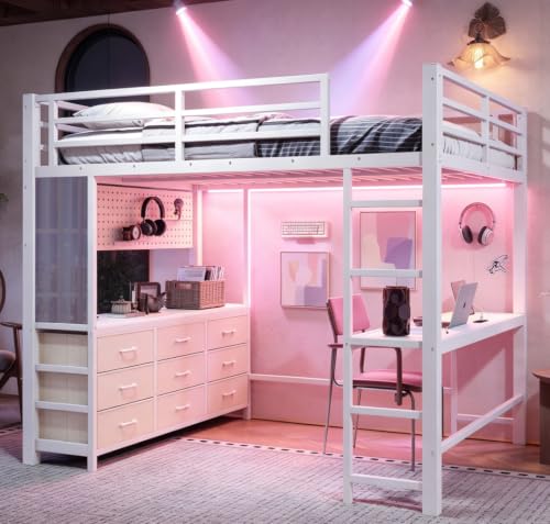 Image of Bellemave Metal Full Loft Bed Frame with Desk, Storage Drawers,USB,Mirror for Adults, Kids,Teens,White