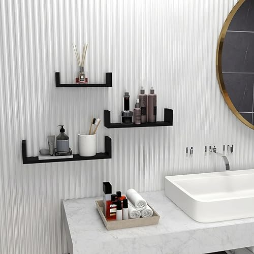 Image of Dime Store Engineered Wood Glossy Wall Mount Floating Hanging Shelf for Room Wall and Home Decor Items and Storage Organizer (Standard, Black), Set of 1
