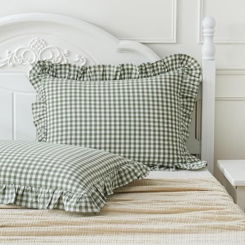2 Pack Sage Green White Plaid Ruffle Pillow Shams Standard Size 20x26 inches, 100% Cotton Gingham Checkered Farmhouse Pillowcases for Bed/Sofa (20x26 inches, Sage Green/White Plaid)