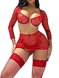 SOLY HUX Women's 4 Piece Lace Underwire Lingerie Set Long Sleeve Babydoll Bra and Panty Plain Red S