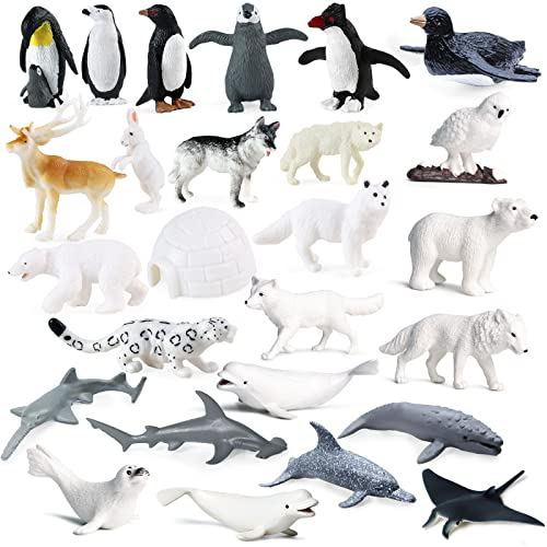 SIENON 26Pack Polar Animal Figurines Mini Plastic Arctic Antarctic Sea Creatures Penguin Polar Bear Walrus Snowy Owl Wolf for Kids Educational Christmas Birthday Cake Topper Gift Easter Egg Decor