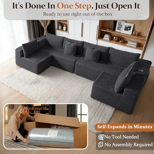 Image of 138 inch Cloud Sectional Couch, Comfort U Shaped Sofa for Living Room, Extra Deep Seats No Assembly, Minimalist Modular Couch, Corduroy (Dark Grey, 6 Seats,U-Shape B)
