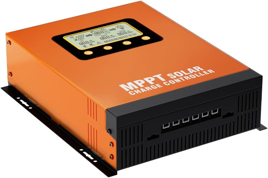 En angle view of the Y&H 60A MPPT Solar Charge Controller, showing its robust orange aluminum casing and mounting brackets.