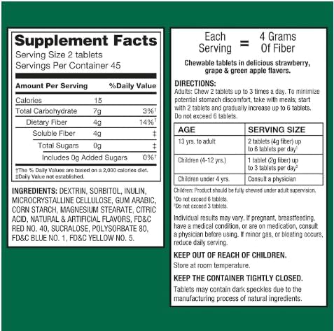 Daily Fiber Supplement Chewable Tablets – 90 Count, Sugar-Free Fiber Chews for Women and Men, High Fiber Content, Assorted Fruit Flavors, Chewable Tablets for Adults. (Pack of 3)