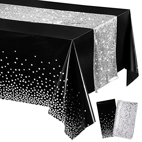 Image of Irenare 2 Pcs Black and Silver Tablecloth and Sequin Table Runner Set Polka Dots Confetti Table Cover Dining Plastic Tablecloths Glitter Decorations for Birthday Wedding Anniversary Party Supplies