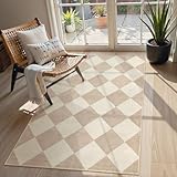 Beeiva Checkered Print 3x5 Washable Area Rug for Bedroom, Non Slip Ultra Thin Beige Entryway Rug Non Shedding Kitchen Rug 3x5, Modern Checkerboard Carpet Plaid Decor for Bathroom Office Nursery
