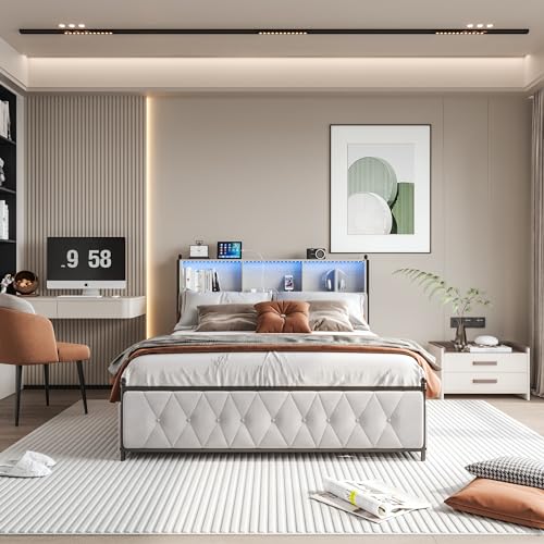 Callicarpa Doppelbettrahmen 140 x 200 cm mit Lattenrost, Schubladenbett mit LED-Beleuchtung, Doppelbett mit USB-Ladegerät und 4 Schubladen, ohne...