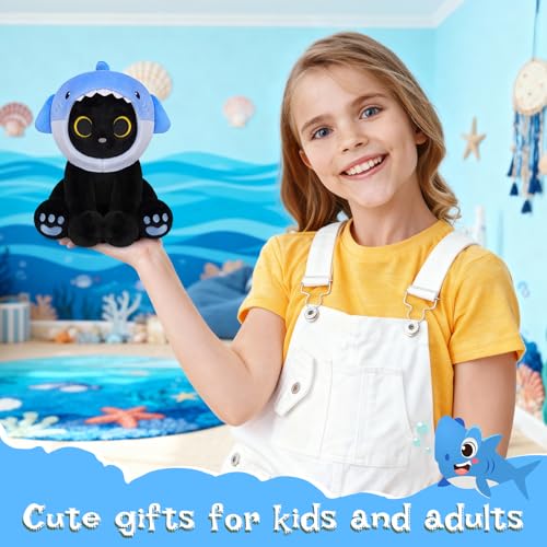 Image of Shark Plush Stuffed Cat, 8inches Black Cat Plush with Blue Shark Hood Removable, Cute Plushies Kawaii Cat Stuffed Animal Doll Toy for Kids Boys Girl