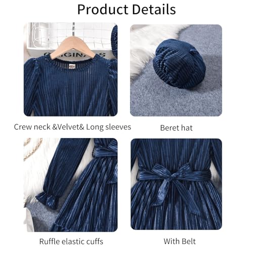 fioukiay Girls Velvet Dress Long Sleeve Crew Neck Elegant A-Line Fall Winter Midi Dresses Party Holiday with Hat3